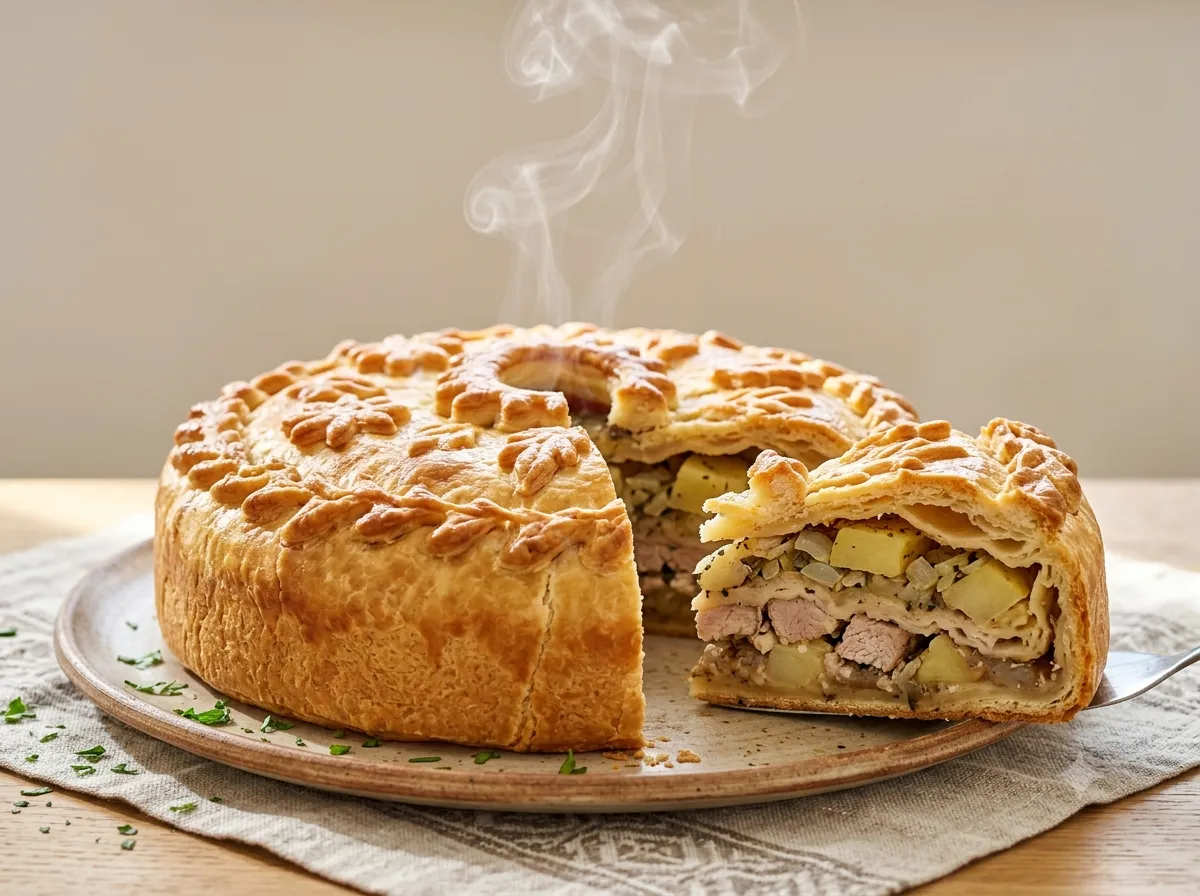 Пышный купеческий курник со свининой и картофелем
