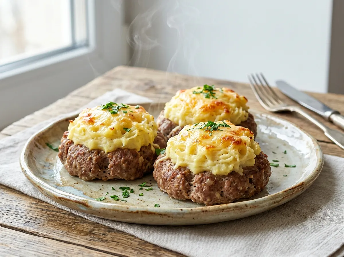 Сытные мясные гнезда с картофельным пюре под сыром
