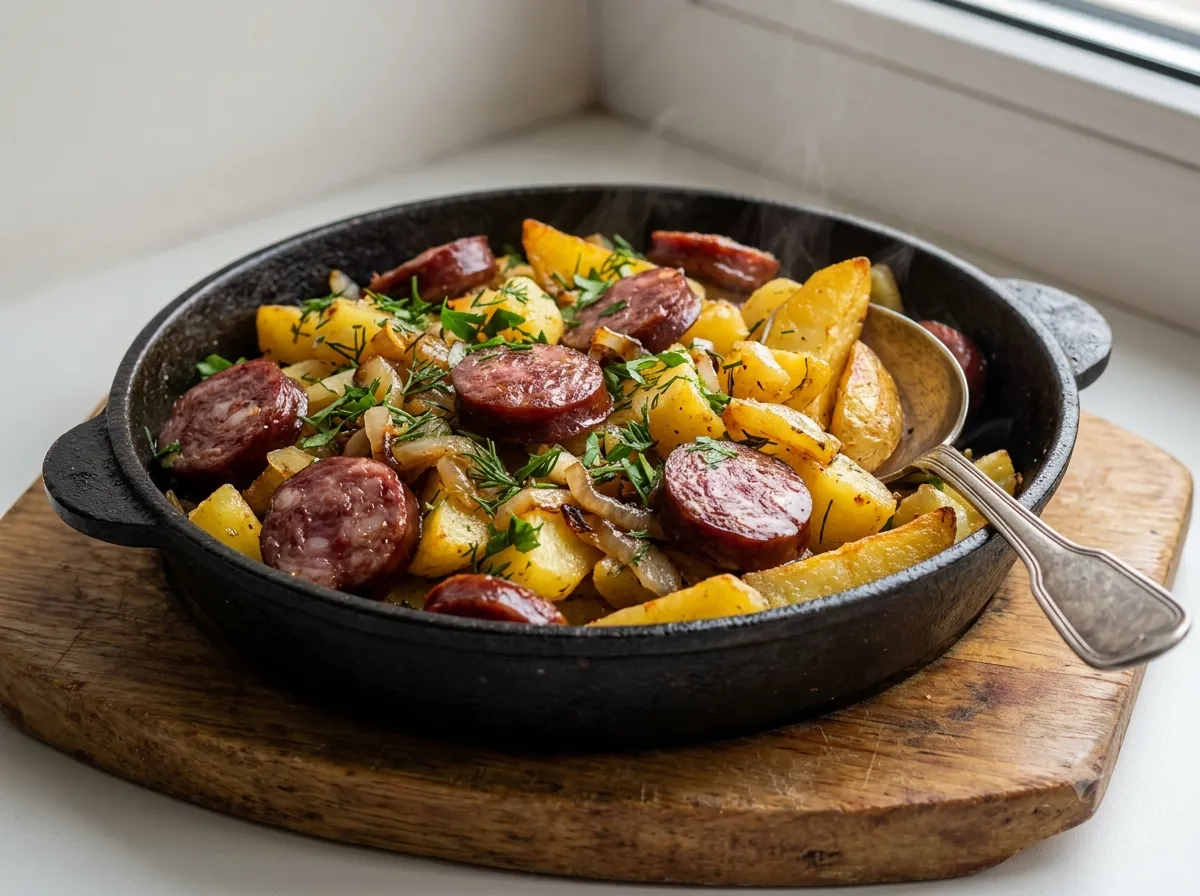 Сытная купеческая сковородка с картофелем и подкопченной колбасой