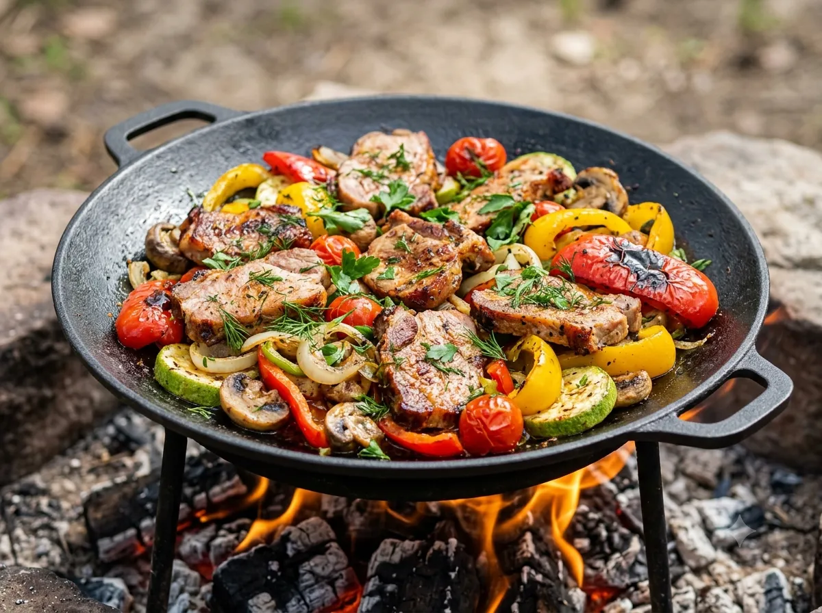 Сочный купеческий садж со свининой и овощами на костре