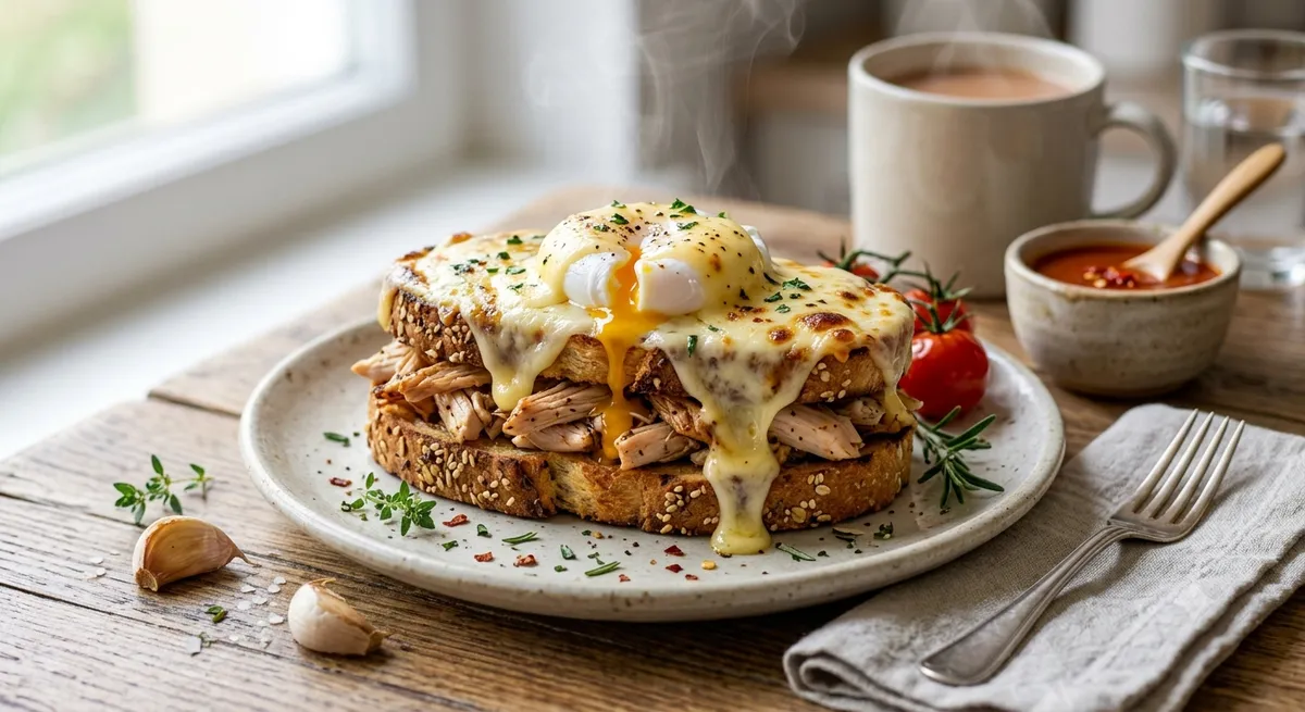Сочное Утро: Золотистые Тосты с Пикантной Курицей, Воздушным Яйцом и Сырным Одеялом!