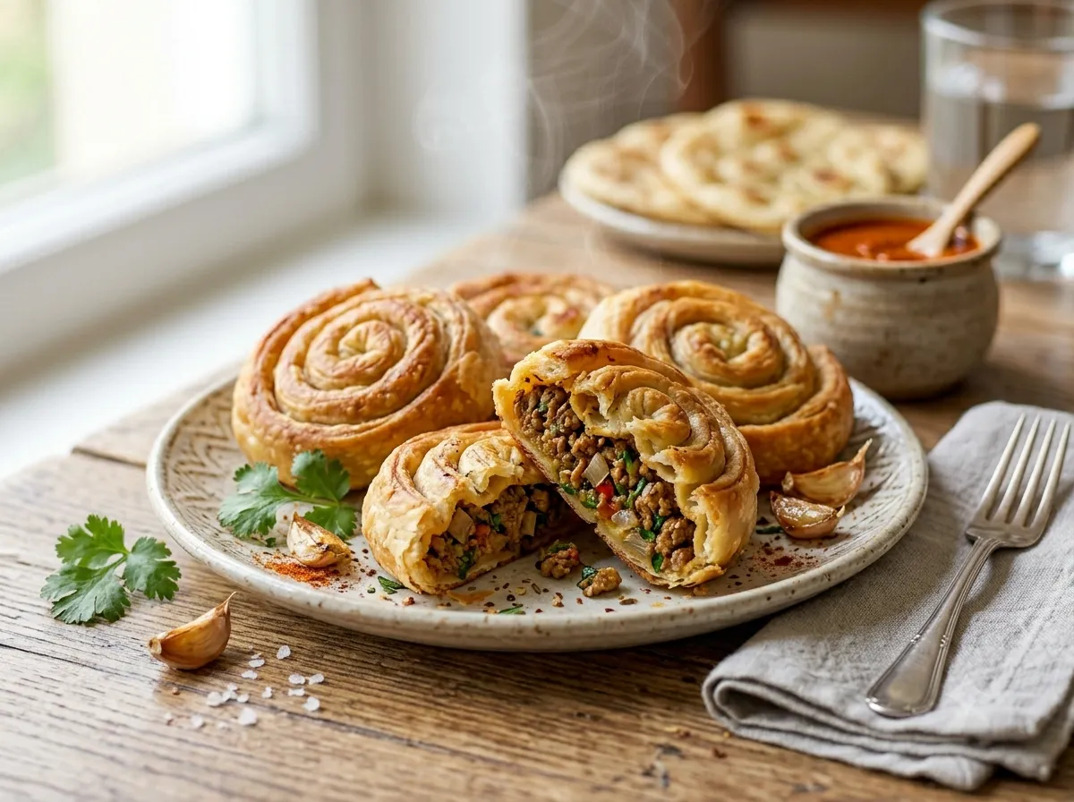 Сочные Восточные Спиральки: Ароматные Лепешки с Пикантной Мясной Начинкой, Горячие как Солнце Пустыни!