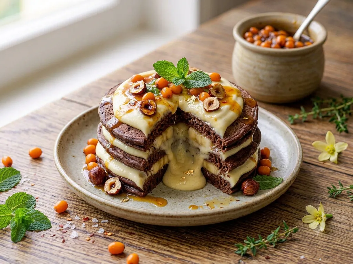 Шоколадные блины с банановым кремом и карамелизированными орехами