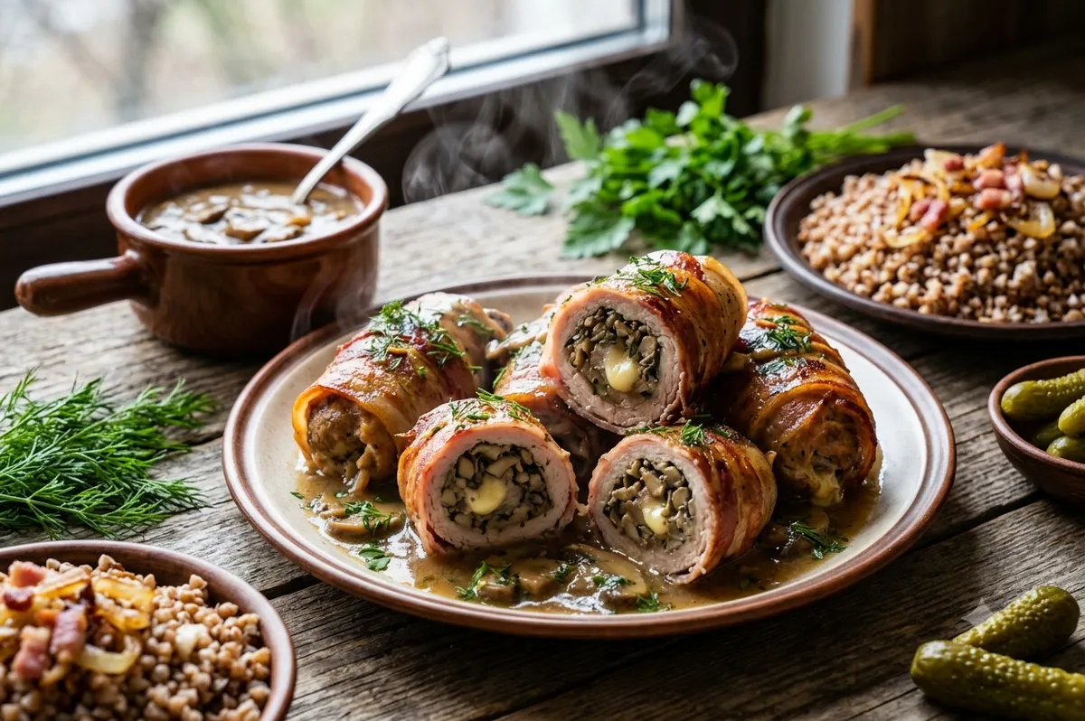 СЫТНЫЙ ОБЕД: Купеческие мясные рулетики «Крученики» с грибами и беконом