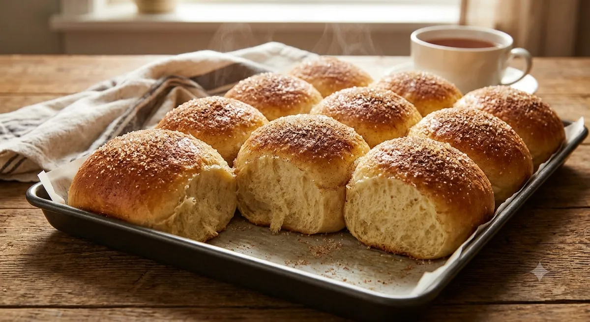 Пышные сдобные булочки с сахаром и корицей