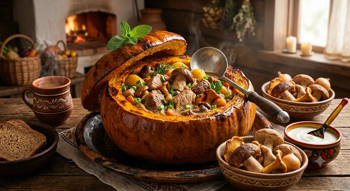 Жаркое в тыкве по-купечески с мясом и лесными грибами