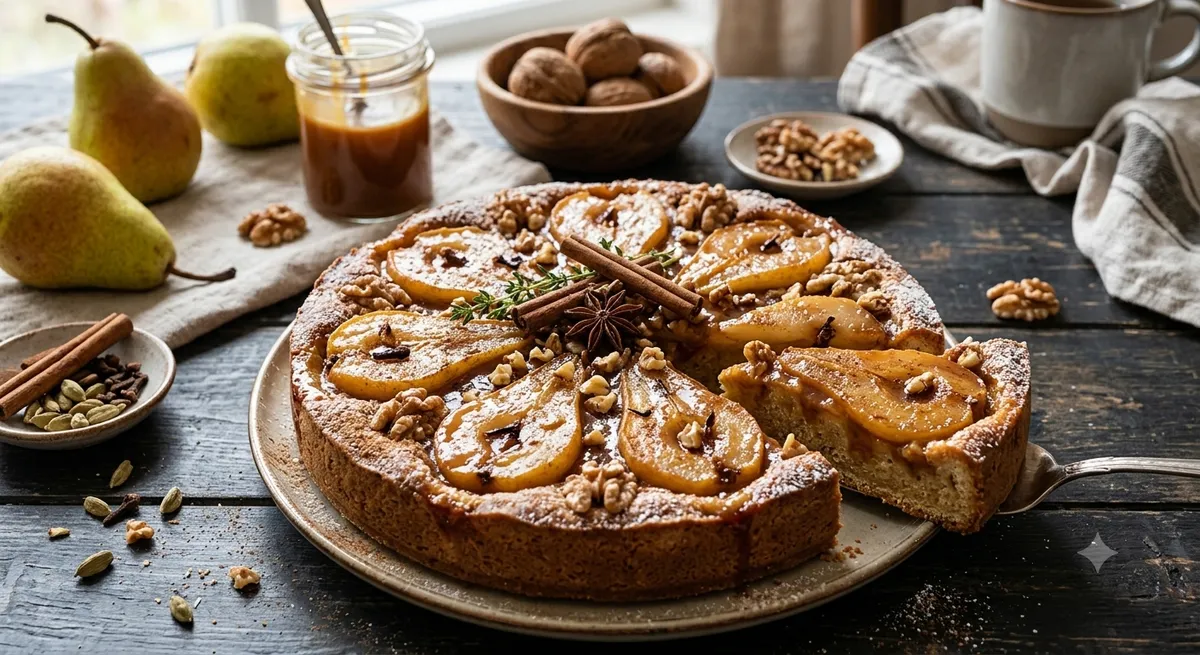 Пряный карамельно-грушевый пирог с грецкими орехами