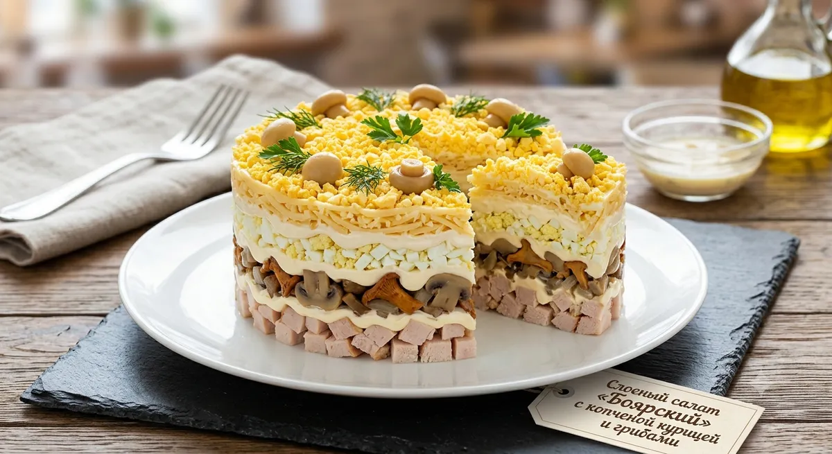 Слоеный салат «Боярский» с копченой курицей и грибами