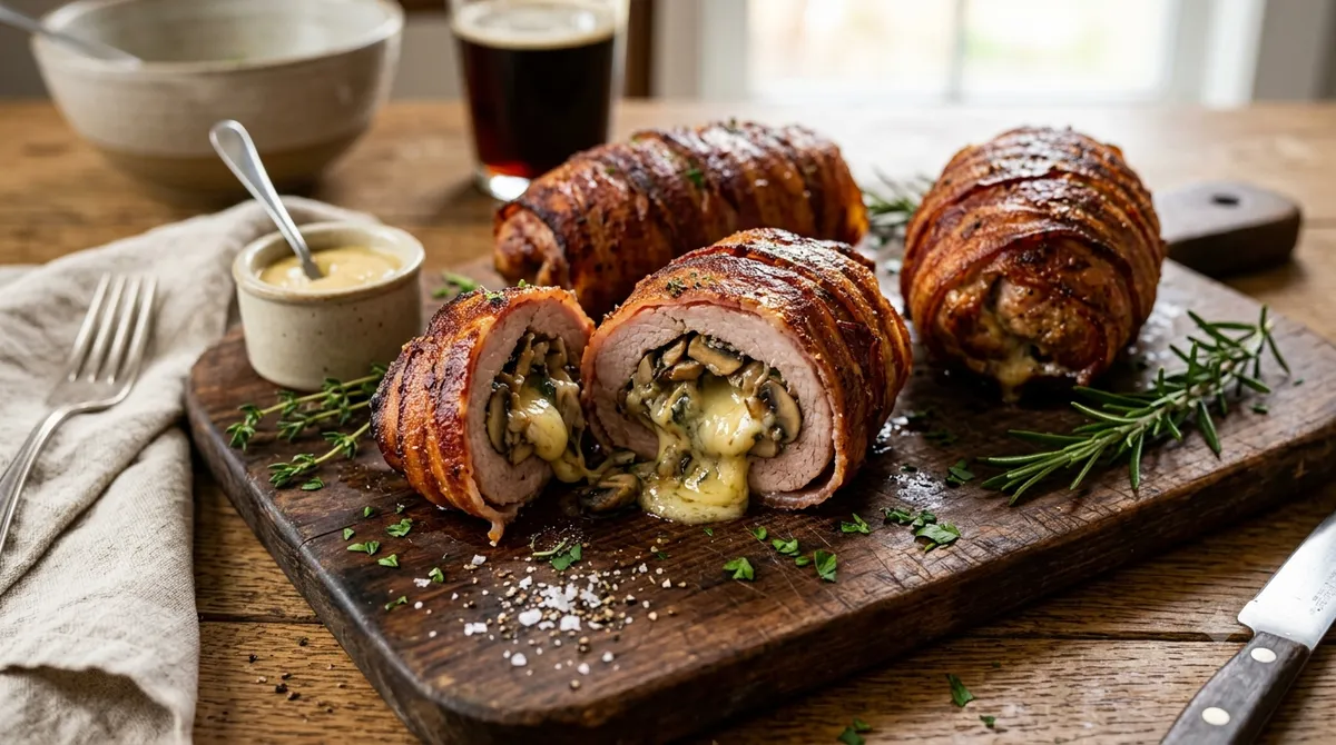 Сочные мясные рулетики с сыром и грибами в хрустящем беконе