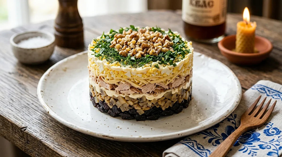 Слоеный купеческий салат «Ярославский» с копченой курицей, жареными шампиньонами и черносливом