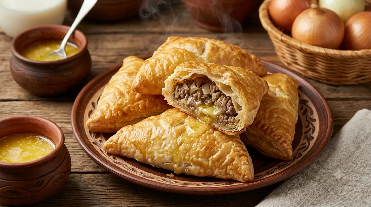 Купеческие слоеные пирожки с мясом, луком и топленым сливочным маслом